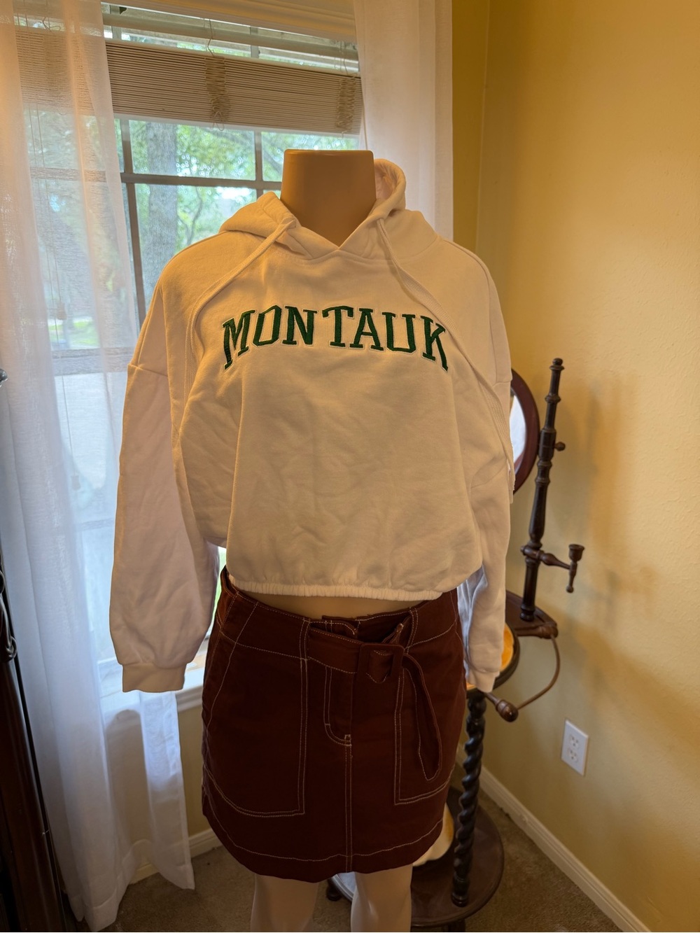 Forever 21 White Cropped Montauk Hoodie with Green Lettering